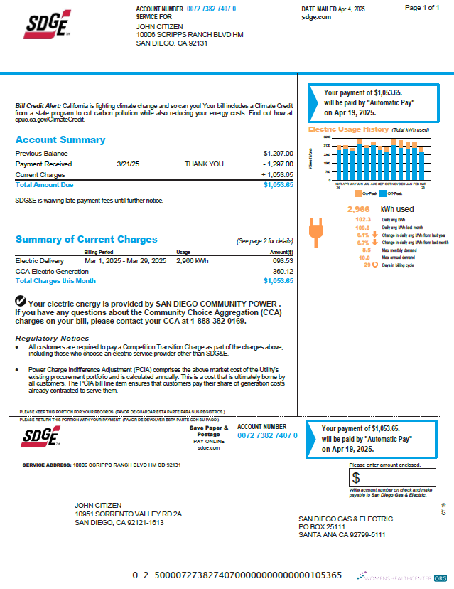 download download USA SDGE utility bill template in Word and PDF formats, version 2 PDF template PDF template
